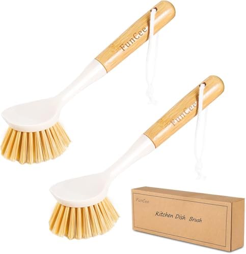 FunCee 2 Pack Kitchen Dish Brushes with Bamboo Handle, Dish Scrubber Built-in Scraper, Scrub Brush for Pans, Pots, Counter & Kitchen Sink Cleaning, Dishwashing and Cleaning Brush Tools, White by FunCee