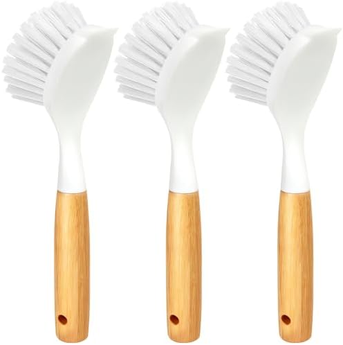 Holikme 3 Pack Dish Brush with Bamboo Handle Cleaning Brush,White by Holikme