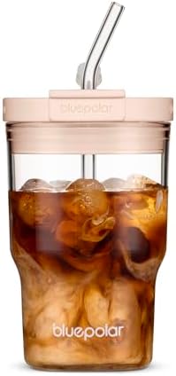 Glass Cups with Lids and Straws,16oz/480mll Reusable Iced Coffee Glasses & Juice Bottles,Cold Brew Tumblers with Leakproof Lids,BPA-Free Glass Jars for Juicing,Matcha,Flower Tea,Smoothie (Pink) by BLUEPOLAR