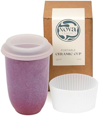 NOVA CERAMICS Coffee Travel Mug – Cup Holder Friendly Travel Mug– Microwave & Dishwasher Safe White & Purple Tumbler - Coffee Mug Fits In Cup Holder – 12oz – Astral Bloom by NovaCeramics