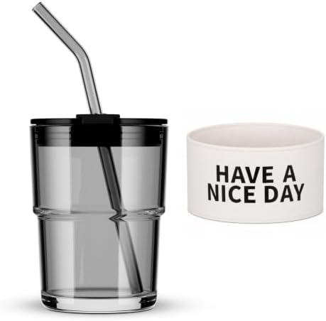 BLUEPOLAR 13oz/400ml Glass Water Tumbler with Straw and Lid Sealed Carry on Thick Wall Iced Coffee Cup for Water, Iced Tea, Fruit Juice (Have a Nice Day) by BLUEPOLAR