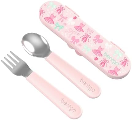 Bentgo Kids Stainless Steel Utensil Set - Reusable Fork, Spoon & Storage Case, PFAS- & BPA-Free, Easy-Grip Handles, Lightweight, Dishwasher Safe, School Lunch, Travel & Outdoors (NEW Ballet and Bows) by Unknown