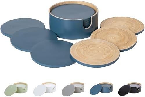 HABITAS Spun Bamboo Coasters for Drinks - Coaster Set with Bamboo Wood Coasters and Coaster Holder. Modern Coasters for Coffee Table (Blue) by HABITAAS