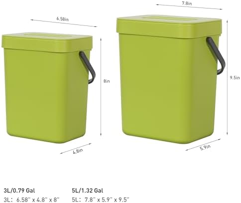 EKO Puro Wall-Mounted Trash Can with Lid, 1.32 Gal / 5L Hanging Trash Can, Small Kitchen Compost Bin for Counter Top, Mini Food Waste Bin (Green) - Image 3