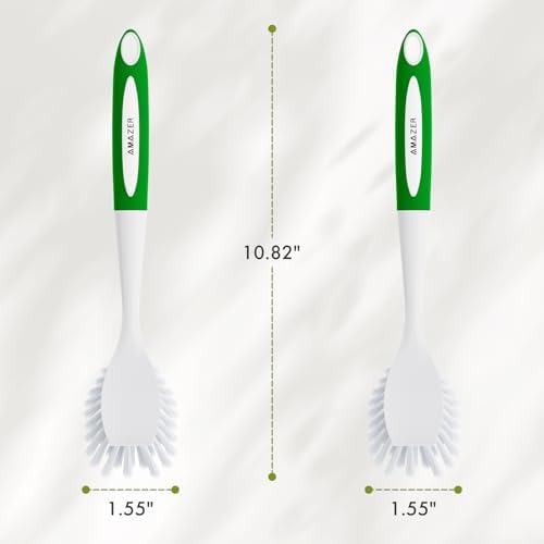 Amazer Dish Brush with Handle, 2 Pack Kitchen Scrub Brushes with Built-in Scraper for Cleaning, Dish Scrubber with Stiff Bristles for Sink, Pots, Pans (Green+Green) - Image 4