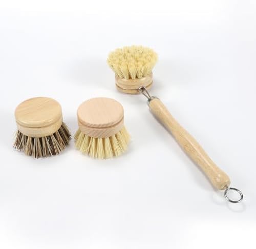 Long Handle Replaceable Head Pot Brush, Bamboo and Wood dishwashing Brush Set (2 Packs) - sisal/Mixed Brown Cleaning Brush, Suitable for Non Stick pots, Plates, Cups, etc - Image 2
