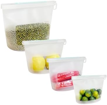 Reusable Silicone Food Storage Bags (Set of 4), Dishwasher Oven Microwave Freezer Safe, Eco-Friendly Leakproof Sous Vide Bags, Premium Lunch Containers, 1 Snack 2 Sandwich 1 Half Gallon, Clear by CuLiDing