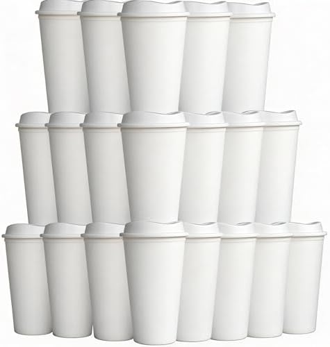 20 Pack Reusable Coffee Cups with Lids 16 oz Plastic Tumblers Travel Mug Iced Coffee Cup for Adults and Women Hot and Cold Drinks, Microwaveable (White) by Alohastarttg