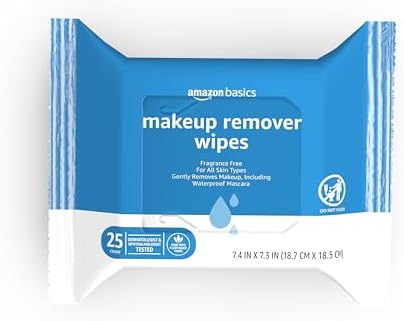Amazon Basics Makeup Remover Wipes, Fragrance-Free, Alcohol-Free, Gentle Cleansing, Plant-Based, Dermatologist Tested, Removes Waterproof Mascara, Resealable, 25 Count, 1-Pack by AmazonBasics