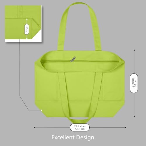 TOPDesign 3-Pack Canvas Tote Bags with an External Pocket, Reusable Grocery Shopping Bags, Top Zipper Closure, Daily Essentials (Light Green) - Image 5