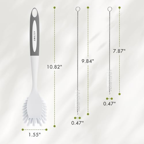 Amazer Dish Brush with Handle, 2Pcs Kitchen Scrub Brushes for Cleaning, 2Pcs Straw Cleaner Brushes for Water Bottle, Dish Scrubber with Stiff Bristles for Sink - Image 2