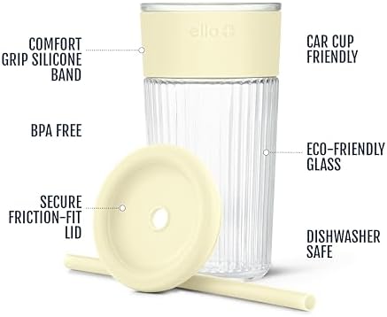 Ello Ava 18oz Glass Tumbler with Straw and Lid for Iced Coffee, Lemon - Image 3