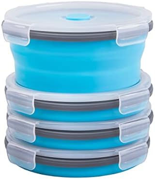 Collapsible Food Storage Containers Round with Airtight Lid, 27 oz, Kitchen Stacking Silicone Collapsible Meal Prep Container Set for Leftover, Microwave Freezer Dishwasher Safe, Blue, Set of 4 by Annaklin