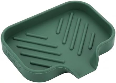 MicoYang Silicone Soap Dish with Drain Spout, Self-Draining Sink Organizer Tray for Bathroom and Kitchen, Sponges, Dispensers and Soap Holder, Non-Slip and Dishwasher Safe, Green (Compact, 4.9"×3.2") by MicoYang