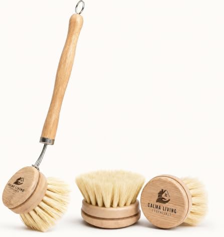 Bamboo Scrub Brush with Handle – Soft Sisal Bristles, Non-Toxic Dish Brush, Compostable & Biodegradable, Bamboo Dish Scrubber for Cookware, Bowls, Plates & Non-Stick Pans by CALMALIVINGESSENTIALS