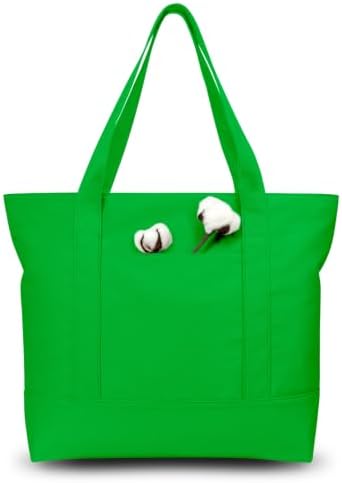 TOPDesign 1-Pack Canvas Tote Bag with an External Pocket, Reusable Grocery Shopping Bag, Top Zipper Closure, Daily Essentials (Lime Green) by TOPDesign