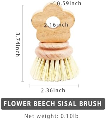Kitchen Natural Beechwood Dish Brush with Handle Sisal Bristle Fruit Vegetable Scrubber Small Wooden Brush Designed for Cleaning Pot, Pan, Plate, Bowl and Utensil (Flower Shaped) - Image 2