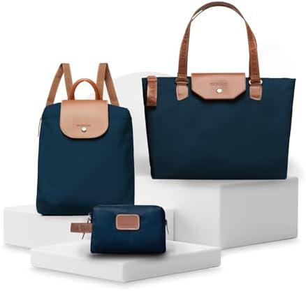 Longvoyage Bonne Vivante 3-Piece Travel Bag Set, Roll-Up Backpack, Large Waterproof Bag & Cosmetic Case, Matching Travel Accessories, Navy Blue by LONGVOYAGE