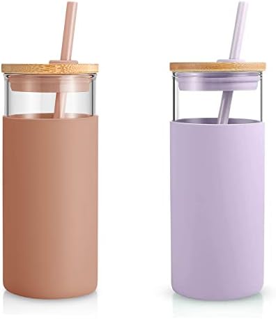Tronco 20 oz Glass Tumbler with Lids and Straws, Reusable Iced Coffee Cups by Tronco