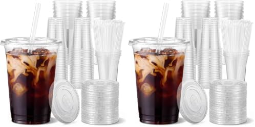 VITEVER 100 Sets - 12oz Clear Plastic Cups with Lids and Straws, Disposable Cups for Iced Coffee, Smoothie, Milkshake, Cold Drinks (Pack of 2) by VITEVER
