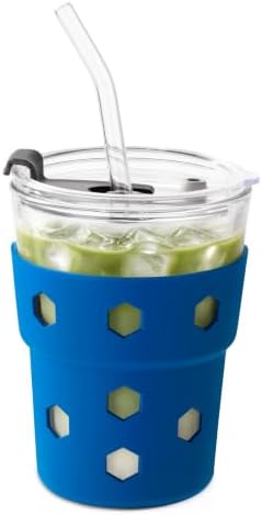 Mrsdry 12oz Iced Coffee Cup with Lids and Straws, BPA Free Reusable Glass Coffee Cups with Silicone Sleeves for Coffee, Iced tea, Thick Wall Glass Cup by Mrsdry
