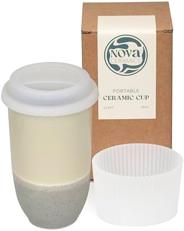 NOVA CERAMICS Travel Mug - Ceramic Coffee Mug With Lid – Microwave & Dishwasher Safe Coffee White & Grey Tumbler - Gifts For Women Men Him Her – 16oz – Mist by NovaCeramics