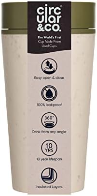Circular and Co Reusable Coffee Cup 12oz/340ml - The World's First Travel Mug Made from Recycled Coffee Cups, 100% Leak-Proof, Sustainable & Insulated (Cream & Honest Green) by CircularCo
