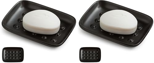 Miamolo Soap Dish, Ceramic Soap Holder Shower Soap Dish for Bar Soap Sponge, Soap Saver Tray for Bathroom Kitchen Sink, Black (Pack of 2) by Miamolo