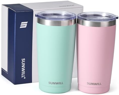 SUNWILL Travel Coffee Mug with Lid, 20 oz Tumbler Set of 2, Insulated Stainless Steel Cup for Water, Tea, Powder Coated Sakura & Mint - Image 5