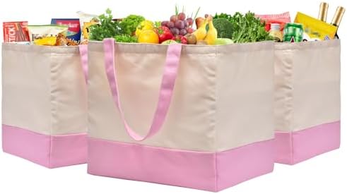 3 Pack Canvas Reusable Grocery Bags Heavy Duty, 8.3 gal Foldable Large Tote Bag with Handles, Holds 60 lbs Canvas Shopping Bags & Washable Eco-friendly Bags with 5 Pockets, Pink+Off white - Image 3