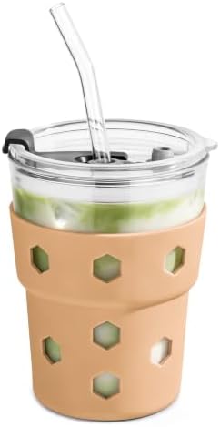 Mrsdry 12oz Iced Coffee Cup with Lids and Straws, BPA Free Reusable Glass Coffee Cups with Silicone Sleeves for Coffee, Iced tea, Thick Wall Glass Cup by Mrsdry
