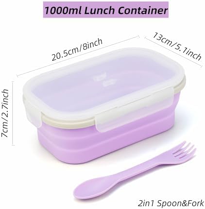Collapsible Silicone Lunch Box with Lid and Spork, Leakproof Foldable Bento Box for Meal Prep, Travel, Camping, Microwave and Dishwasher Safe, 8.1 x 5.1 x 2.8 inches, Purple - Image 2