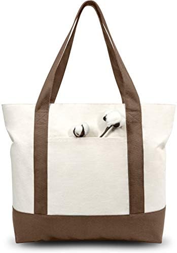 TOPDesign 30-Pack Canvas Tote Bags with an External Pocket, Reusable Grocery Shopping Bags, Top Zipper Closure, Daily Essentials (Brown/Natural) by TOPDesign
