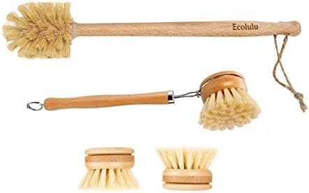 ECOLULU Natural Bamboo Dish Brush & Wood Bottle Brush for Wide Mouth Bottles, Cups and Jars, 2 Replacement Heads included (4 units total) Biodegradable, Eco Friendly Products by Unknown
