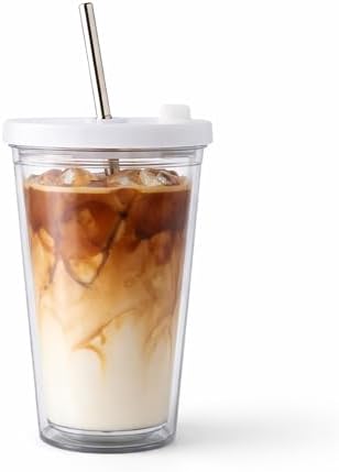 Reusable Iced Coffee Cup 16 Oz, Leakproof Iced Coffee Tumbler, Clear Plastic Tumbler with Lid and Straw, Double Wall Insulated, BPA-Free, No Sweat, for Hot and Cold Drinks by SEFAONUR