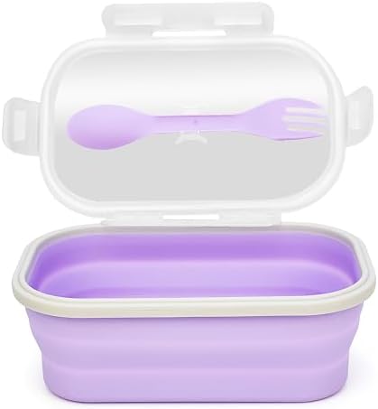 Collapsible Silicone Lunch Box with Lid and Spork, Leakproof Foldable Bento Box for Meal Prep, Travel, Camping, Microwave and Dishwasher Safe, 8.1 x 5.1 x 2.8 inches, Purple by Unknown