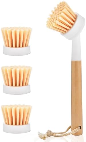 ALINK Dish Brush with Handle and 3 Replacement Heads, Pot and Pan Cleaning Scrub Brush for Kitchen, Sink, Stove, Cast Iron Scrubber by ALINK