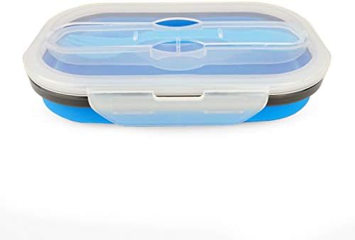 CARTINTS 800ml Collapsible Bento Lunch Box, Silicone Food Storage Container, with Leakproof Lids and Spoon, Microwave Freezer Safe, Blue - Image 4