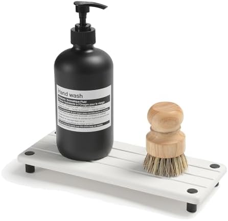 Razborci Instant Dry Sink Caddy Kitchen Sink Organizer, Quick Drying Diatomaceous Earth Stone Sink Tray Sponge Holder Soap Dish, Bathroom Countertop Vanity Dispenser Toothbrush Bottle, White, 10" x 4" by Razborci