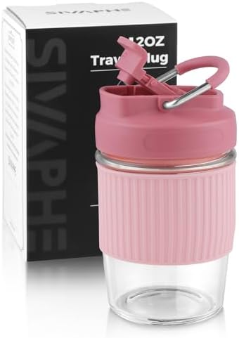 Sivaphe Reusable Glass Ice Hot Coffee Cup 12 oz, Portable Travel Mug with Spill-Proof Lid and Thermal Sleeve for Home Office Pink by Sivaphe