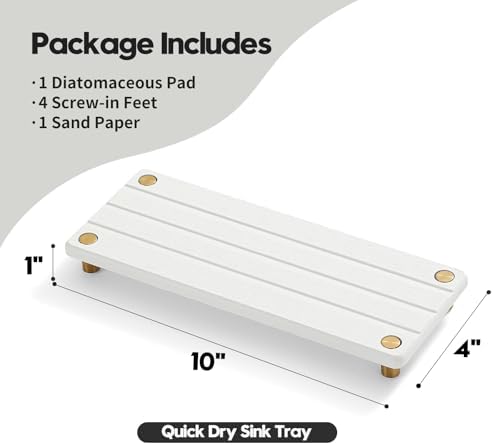 Razborci Instant Dry Sink Caddy Kitchen Sink Organizer, Quick Drying Diatomaceous Earth Stone Sink Tray Sponge Holder Soap Dish, Bathroom Countertop Vanity Dispenser Toothbrush, Gold White, 10" x 4" - Image 6