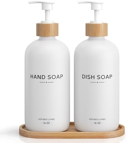 Hand and Dish Soap Dispenser Set,16oz Glass Bottles with Bamboo Pumps & Tray,Countertop Soap Dispensers for Kitchen,Luxury, Minimalist & Farmhouse Decor by Aeakey