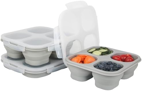 Collapsible Silicone Food Storage Container, 4-Compartment Snack Containers Portion Control with Clip-on Lid, Stackable, Space Saving, Microwave/Fridge/Freezer/Dishwasher Safe (3) by Unknown