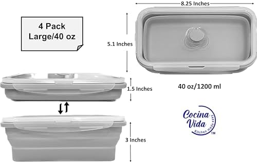 Cocina Vida Collapsible Silicone Food Storage Containers with Airtight Lids | Kitchen Stackable Lunch Box Microwave Dishwasher Safe| Set of 4 Silicone Food Storage Containers - Image 3