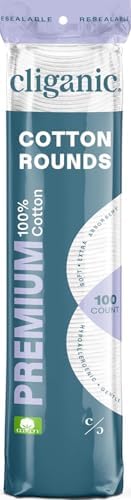 Cliganic Premium Cotton Rounds for Face (100 Count) | Makeup Remover Pads, Hypoallergenic, Lint-Free | 100% Pure Cotton by Cliganic