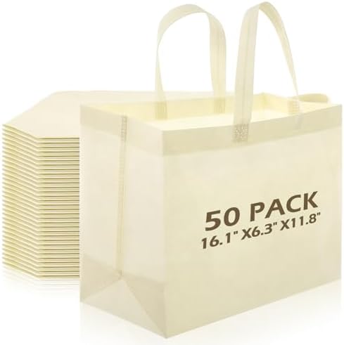 50 Pcs 50 Pcs Reusable Tote Bag with Handles Bulk 16.1'' X 6.3'' X 11.8'' Extra Large Non Woven Grocery Shopping Bags for Boutiques Retail Store(Beige) by Yoojahow