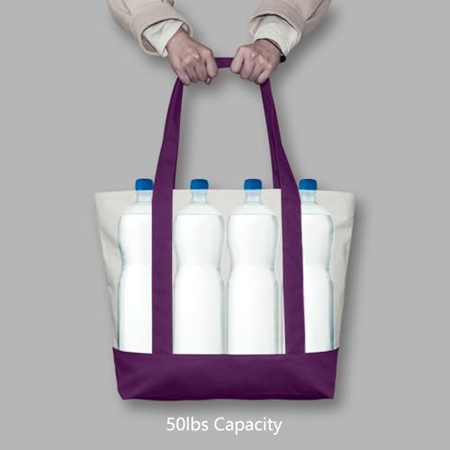 TOPDesign 1-Pack Canvas Tote Bag with an External Pocket, Reusable Grocery Shopping Bag, Top Zipper Closure, Daily Essentials (Purple/Natural) - Image 6