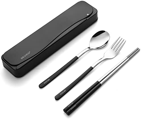 DEVICO Travel Utensils with Case, 4Pcs Portable Silverware Set for Work, 18/8 Stainless Steel Reusable Cutlery, Korean Spoon and Chopsticks Fork for Camping, School, Lunch Box Accessories (Black) by DEVICO