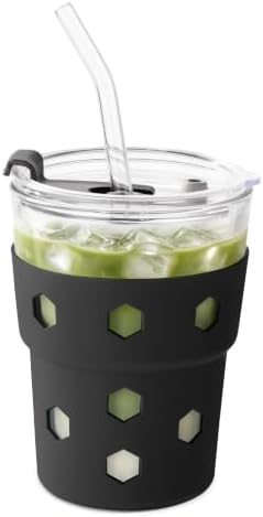 Mrsdry 12oz Iced Coffee Cup with Lids and Straws, BPA Free Reusable Glass Coffee Cups with Silicone Sleeves for Coffee, Iced tea, Thick Wall Glass Cup by Mrsdry