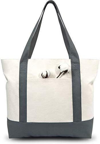 TOPDesign 1-Pack Canvas Tote Bag with an External Pocket, Reusable Grocery Shopping Bag, Top Zipper Closure, Daily Essentials (Grey/Natural) by TOPDesign